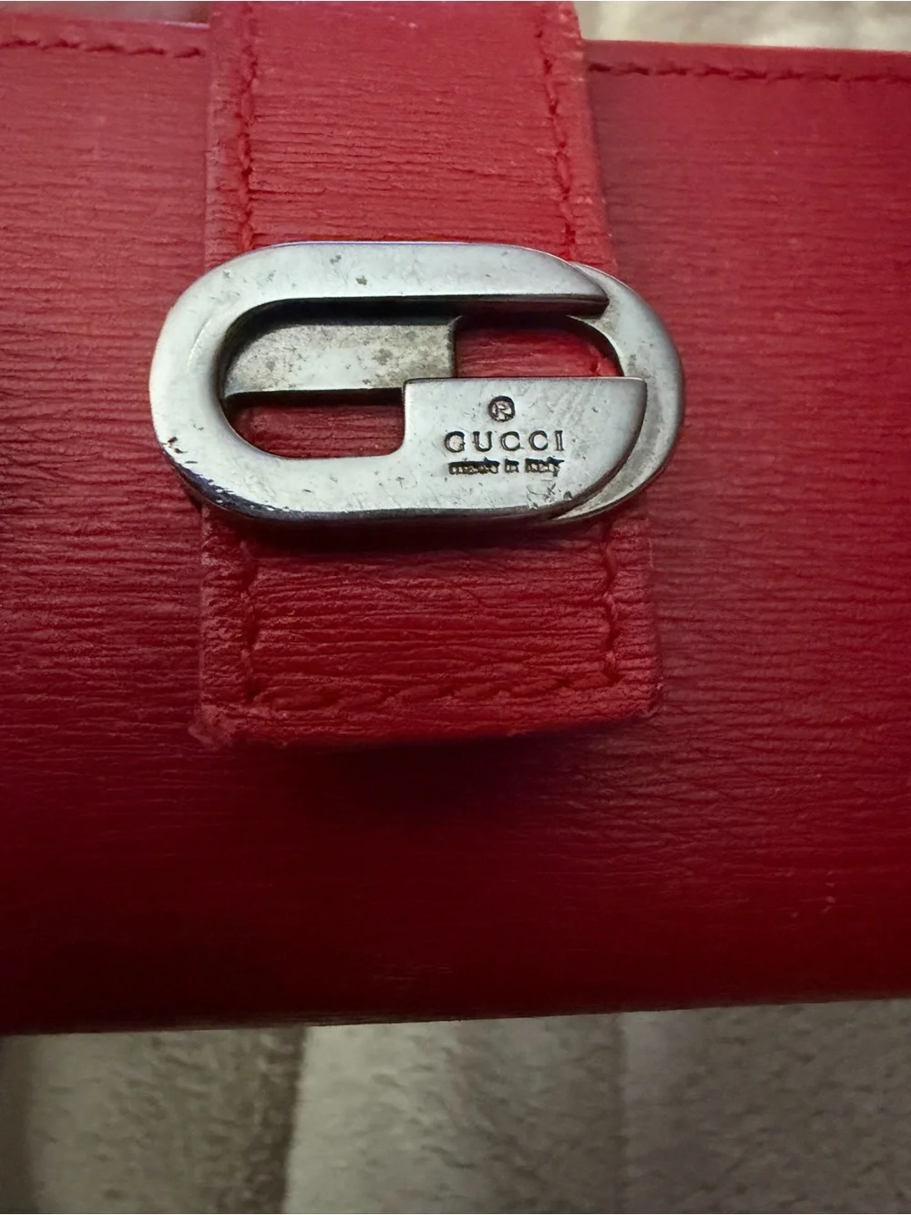 GUCCI Red Leather Key Case/Card Holder w/Silver-Tone Gucci Closure & Hardware
